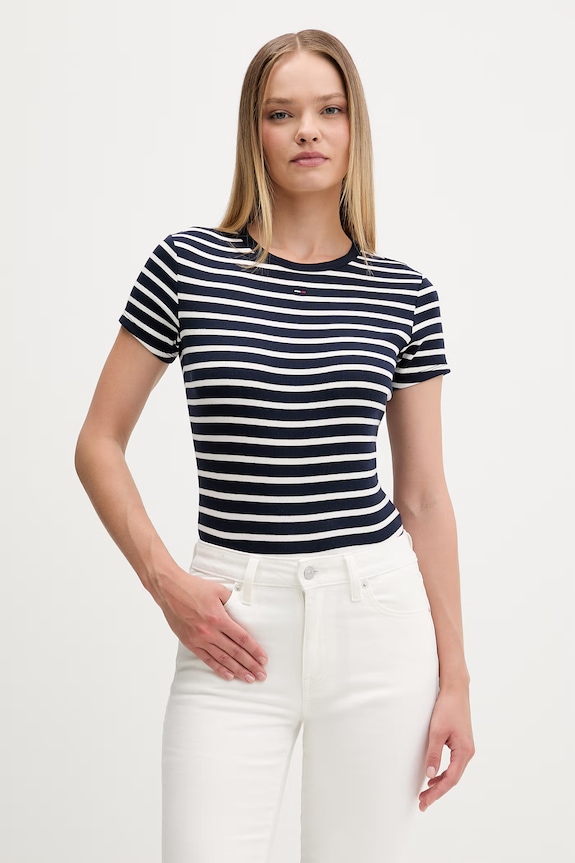 Tommy Jeans basic tričko dámské bavlněné s elastanem námořnická modř DW0DW17383