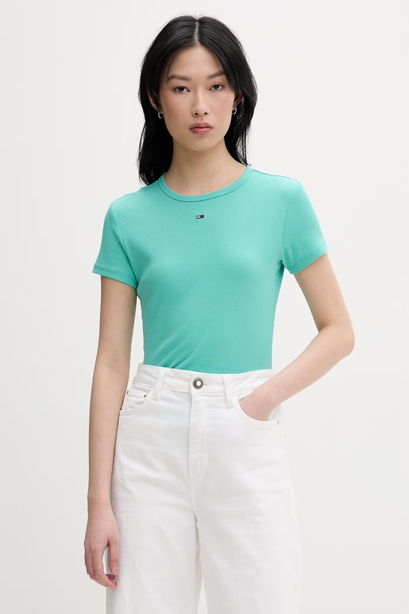 Tommy Jeans basic tričko dámske bavlnené s elastanom tyrkysová DW0DW17383