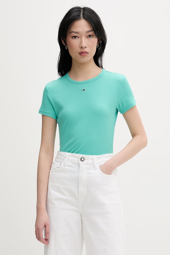 Tommy Jeans basic tričko dámske bavlnené s elastanom tyrkysová DW0DW17383