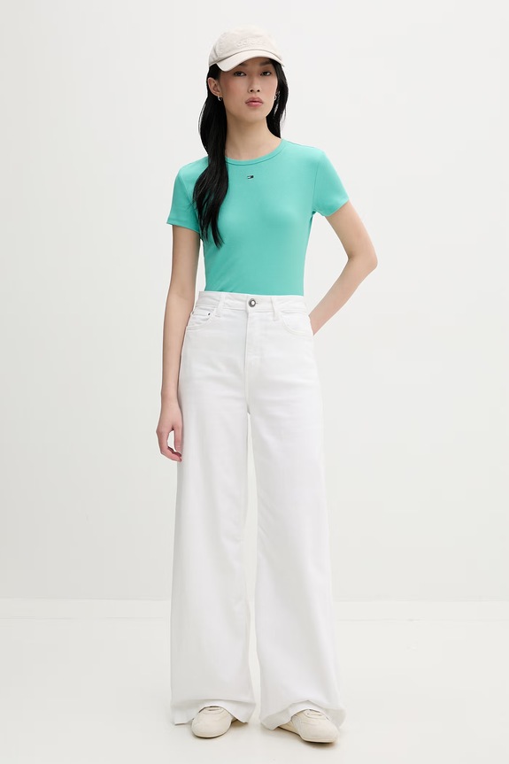 Tommy Jeans basic tričko dámske bavlnené s elastanom DW0DW17383 tyrkysová AA00