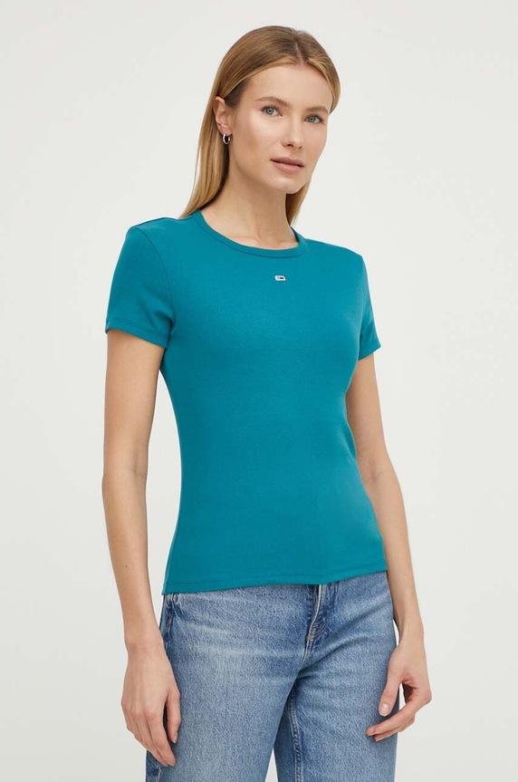 Tommy Jeans t-shirt basic damski bawełniany z elastanem z elastanem turkusowy DW0DW17383
