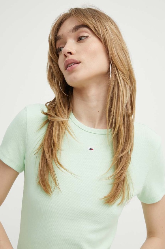 Tommy Jeans t-shirt basic γυναικείο βαμβακερό με ελαστάν πράσινο DW0DW17383