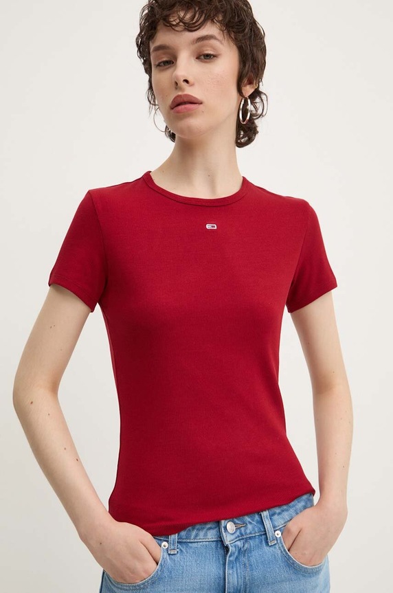 Tommy Jeans T-shirt basic damski bawełniany z elastanem bordowy DW0DW17383