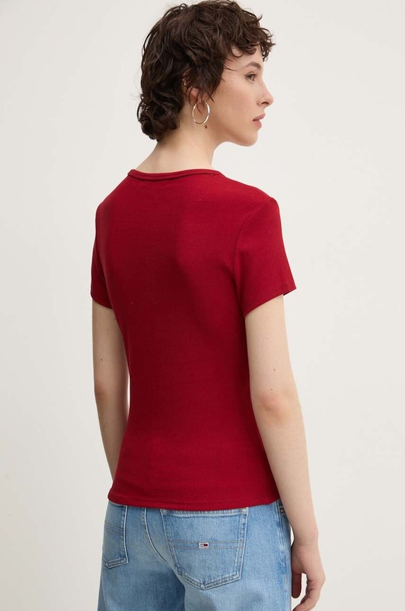 Odzież Tommy Jeans T-shirt basic damski bawełniany z elastanem DW0DW17383 bordowy
