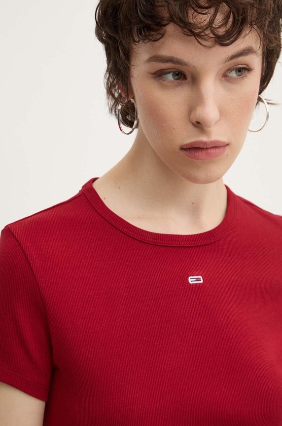 Tommy Jeans T-shirt basic damski bawełniany z elastanem bordowy DW0DW17383