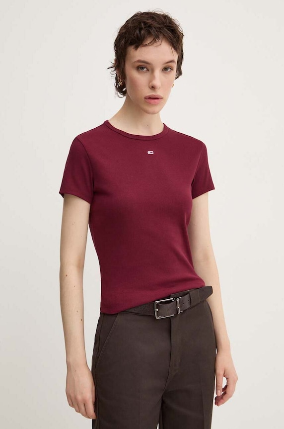 Tommy Jeans basic tričko dámské bavlněné s elastanem burgundské DW0DW17383