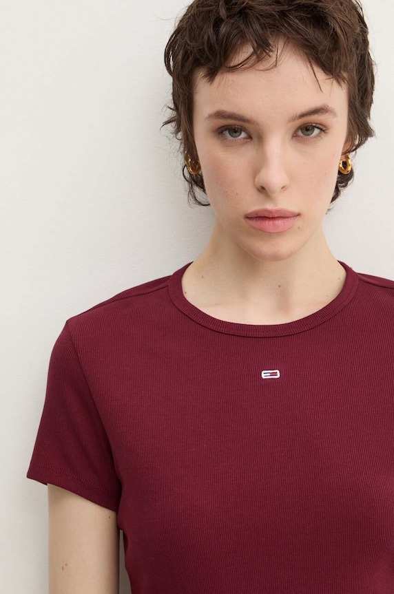 Tommy Jeans basic tričko dámské bavlněné s elastanem burgundské DW0DW17383