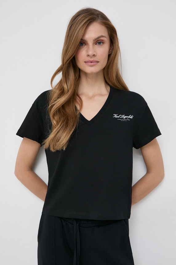 Bavlněné tričko Karl Lagerfeld V výstřih černá 240W2170