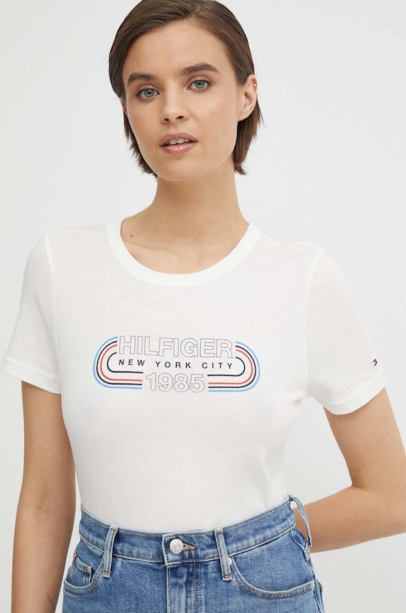 Bavlněné tričko Tommy Hilfiger potisk béžová WW0WW41203