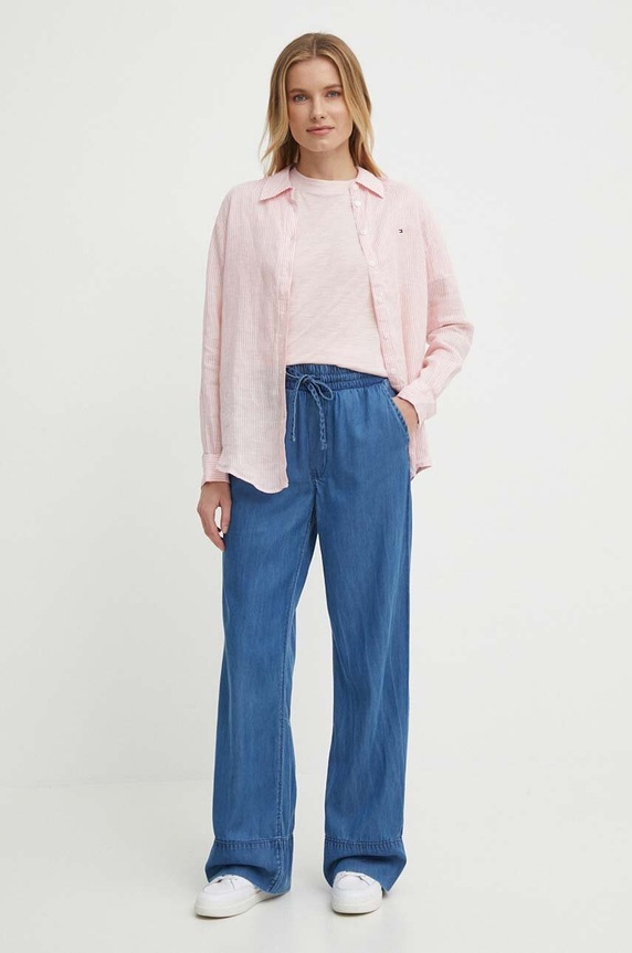 Tričko s příměsí lnu Tommy Hilfiger WW0WW41196 růžová SS24