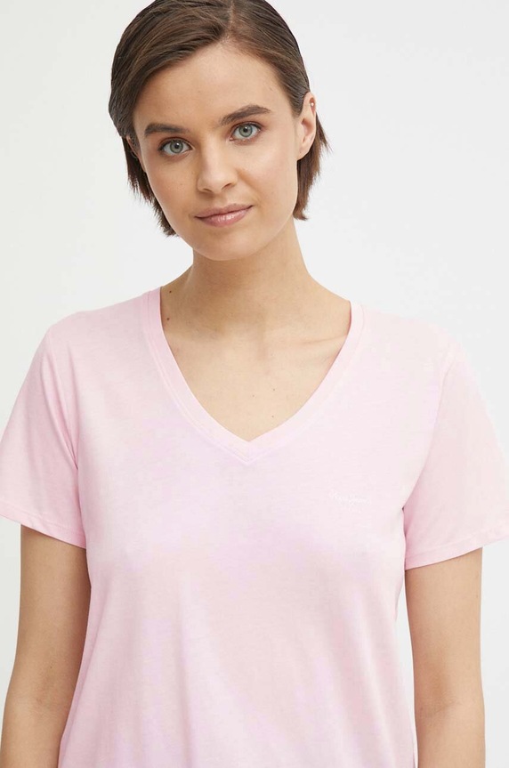 Ρούχα Βαμβακερό μπλουζάκι Pepe Jeans LORETTE V NECK PL505826 ροζ