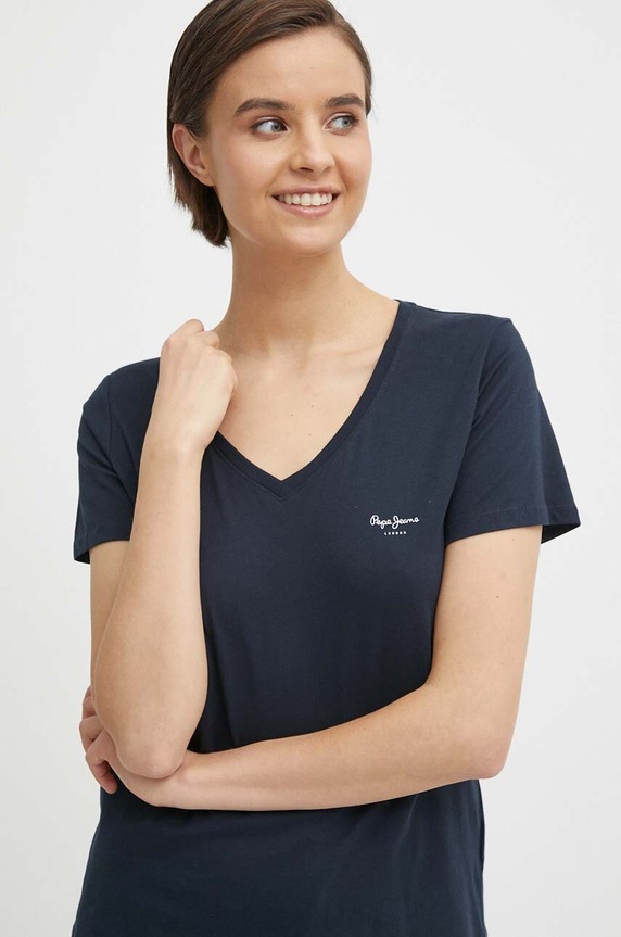 Bavlnené tričko Pepe Jeans LORETTE V NECK jednofarebný tmavomodrá PL505826