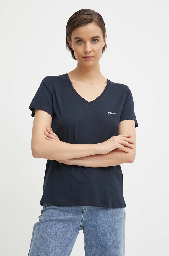 Bavlnené tričko Pepe Jeans LORETTE V NECK tmavomodrá PL505826