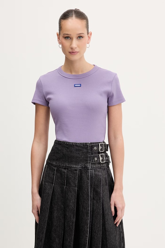 HUGO Blue tricou pentru femei din bumbac cu elastan Baby Tee_B imprimeu violet 50510749
