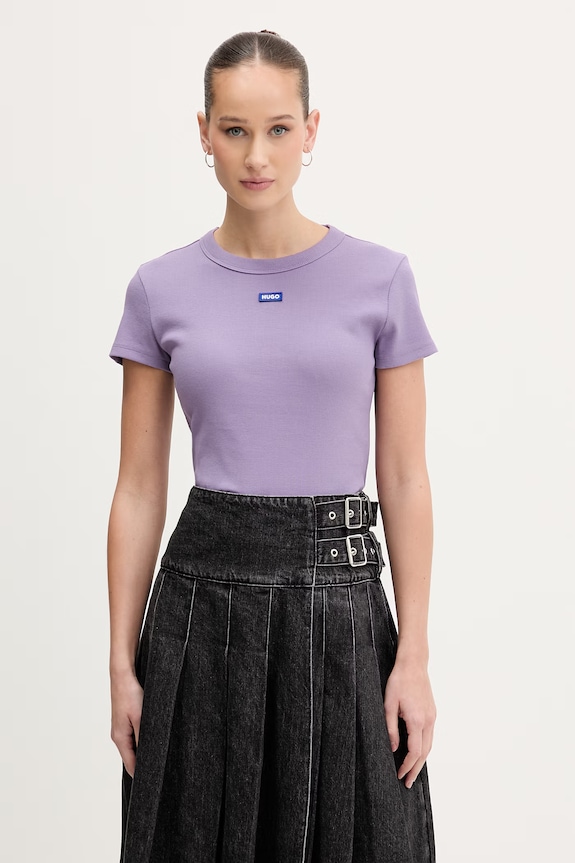 HUGO Blue tricou pentru femei din bumbac cu elastan Baby Tee_B imprimeu violet 50510749