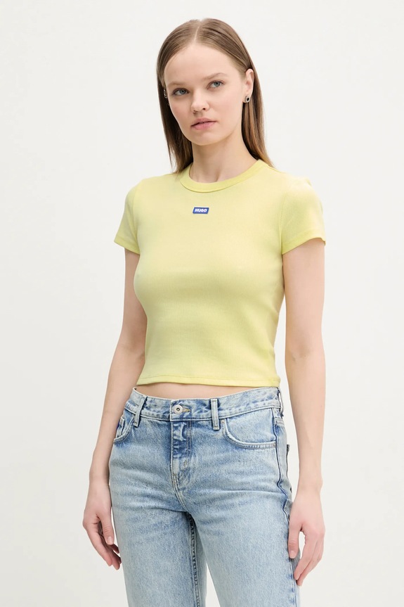 HUGO Blue t-shirt da donna in cotone con elastan Baby Tee_B applique giallo 50510749