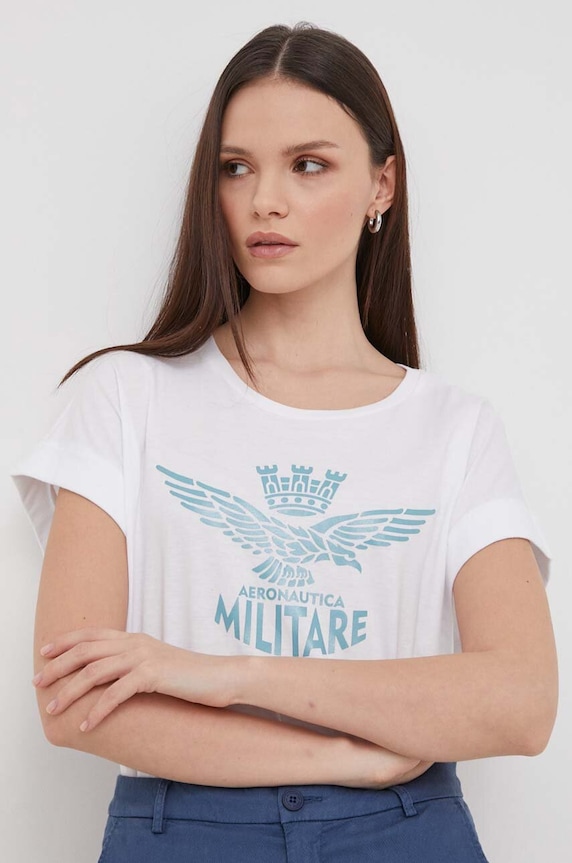 Bombažna kratka majica Aeronautica Militare Potisk bela TS2247DJ638