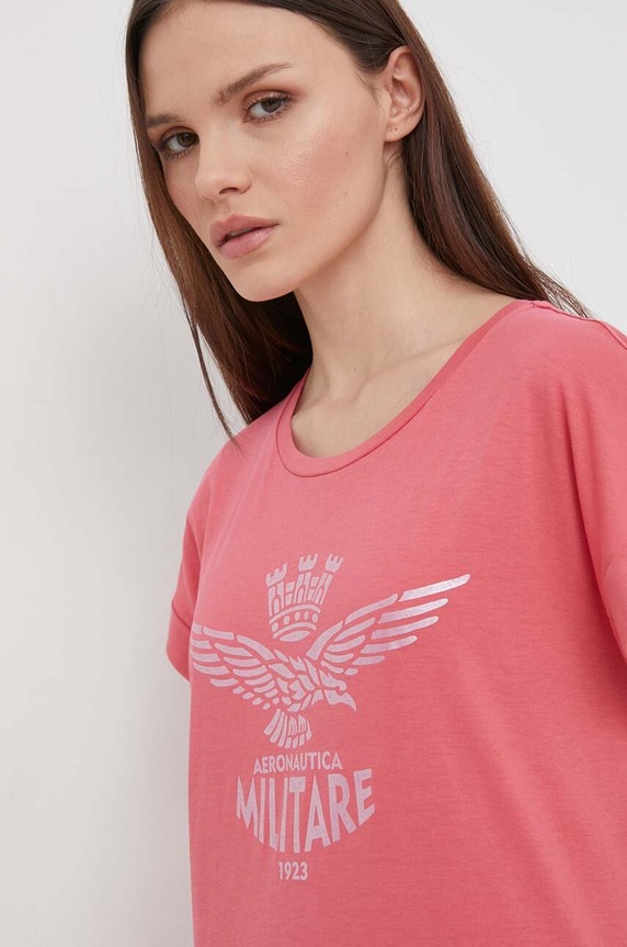Βαμβακερό μπλουζάκι Aeronautica Militare ροζ TS2247DJ638