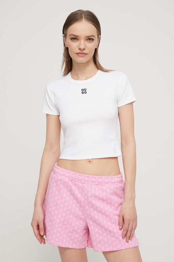 HUGO crop top ženski z bombažem Delanor Z elastanom bela 50512000