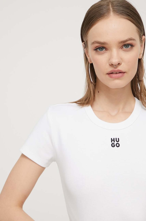HUGO crop top ženski z bombažem Delanor bela 50512000