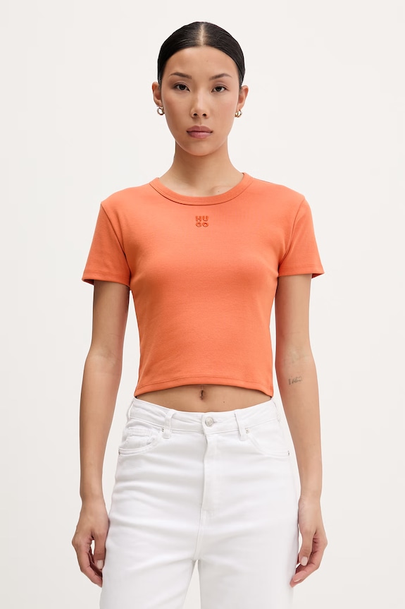 HUGO crop top γυναικείο με βαμβάκι Delanor πορτοκαλί 50512000
