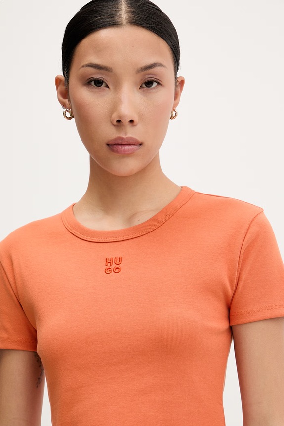 HUGO crop top damesc cu bumbac Delanor portocaliu 50512000
