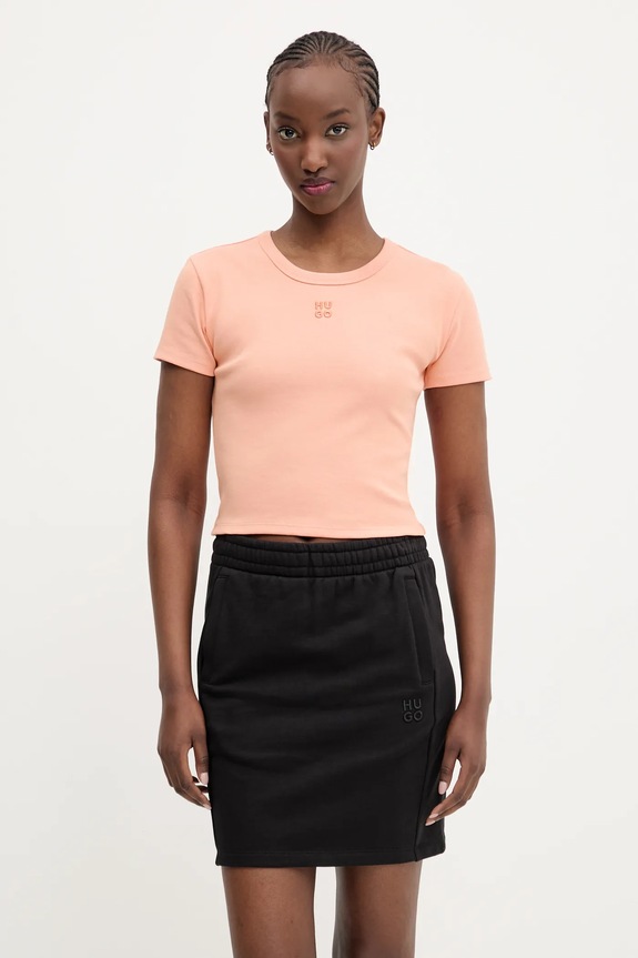 HUGO crop top damski z bawełną Delanor aplikacja pomarańczowy 50512000