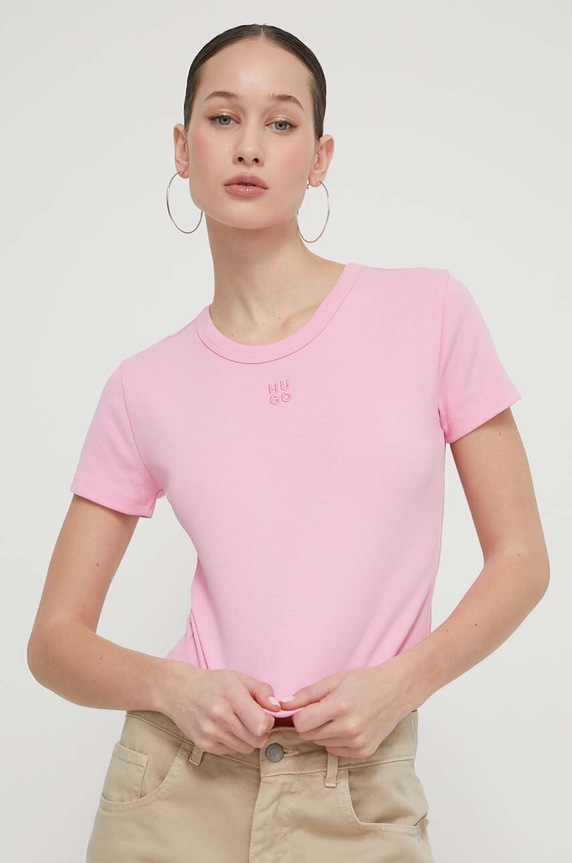 HUGO crop top damski z bawełną Delanor aplikacja różowy 50512000