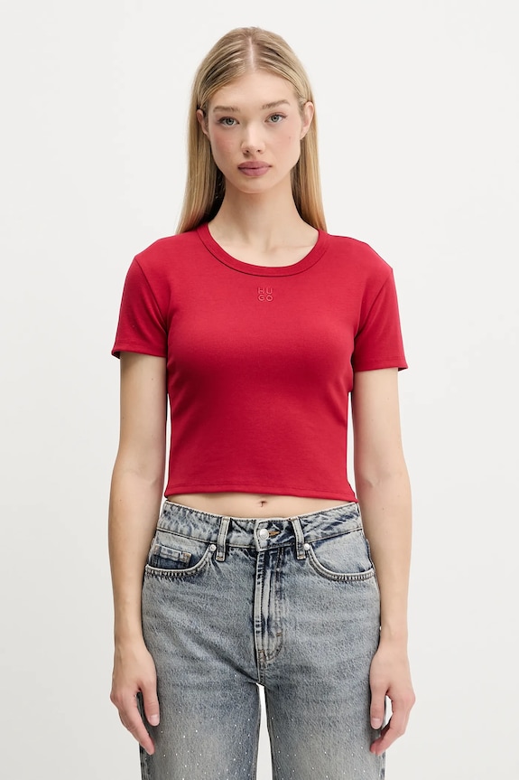 HUGO crop top damski z bawełną Delanor aplikacja czerwony 50512000