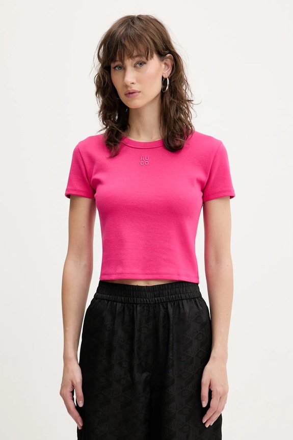 HUGO crop top damski z bawełną Delanor różowy 50512000