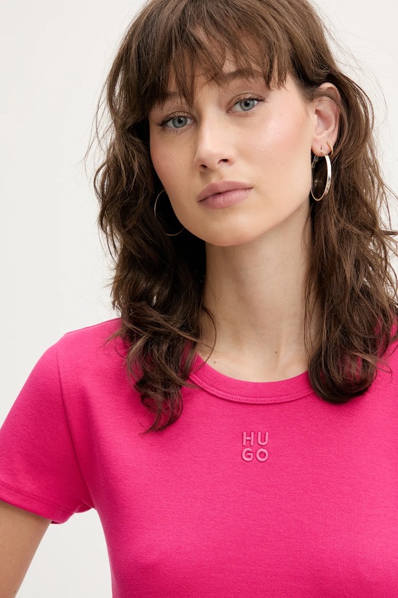 HUGO crop top damski z bawełną Delanor różowy 50512000