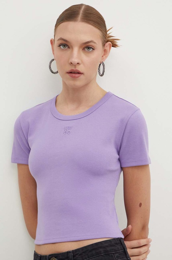 HUGO crop top damski z bawełną Delanor aplikacja fioletowy 50512000