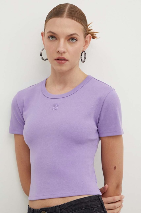 HUGO crop top damski z bawełną Delanor aplikacja fioletowy 50512000