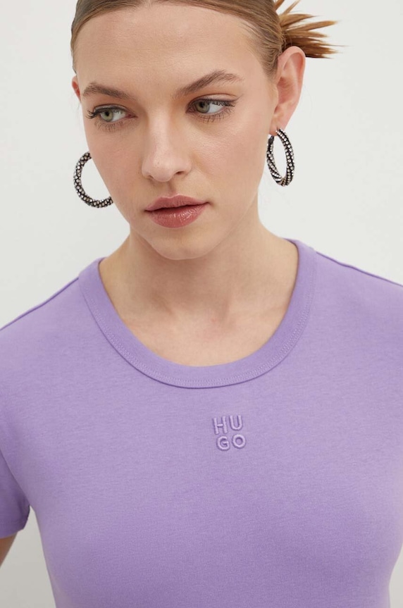 HUGO crop top damski z bawełną Delanor fioletowy 50512000