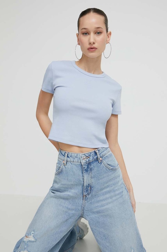 HUGO crop top ženski z bombažem Delanor Z elastanom modra 50512000