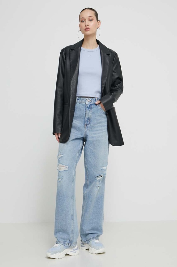 HUGO crop top ženski z bombažem Delanor 50512000 modra SS26