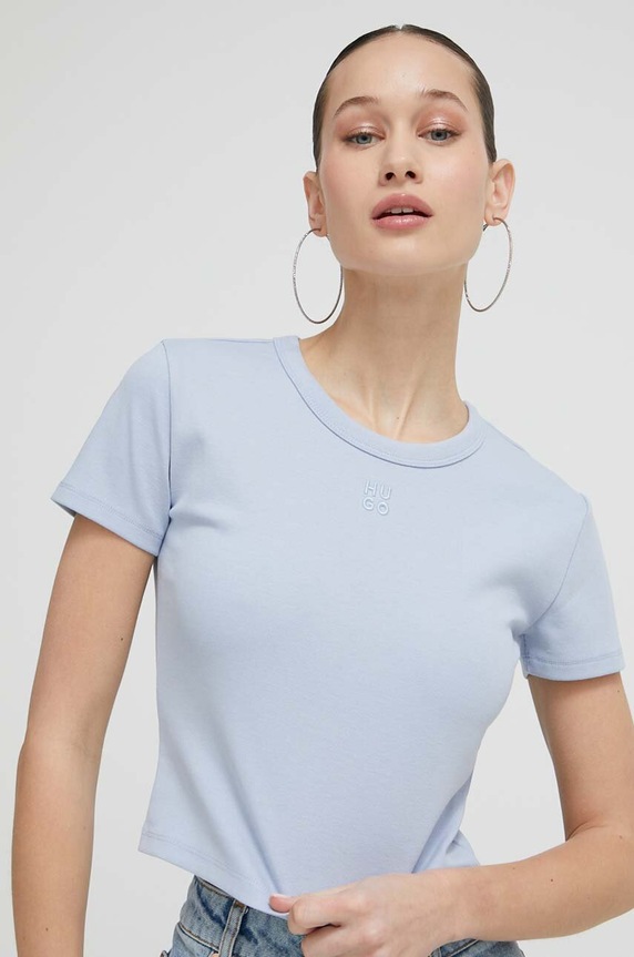 HUGO crop top ženski z bombažem Delanor modra 50512000