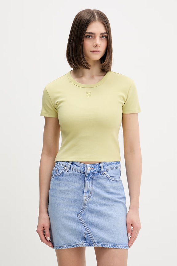 HUGO crop top de damă cu bumbac Delanor verde 50512000