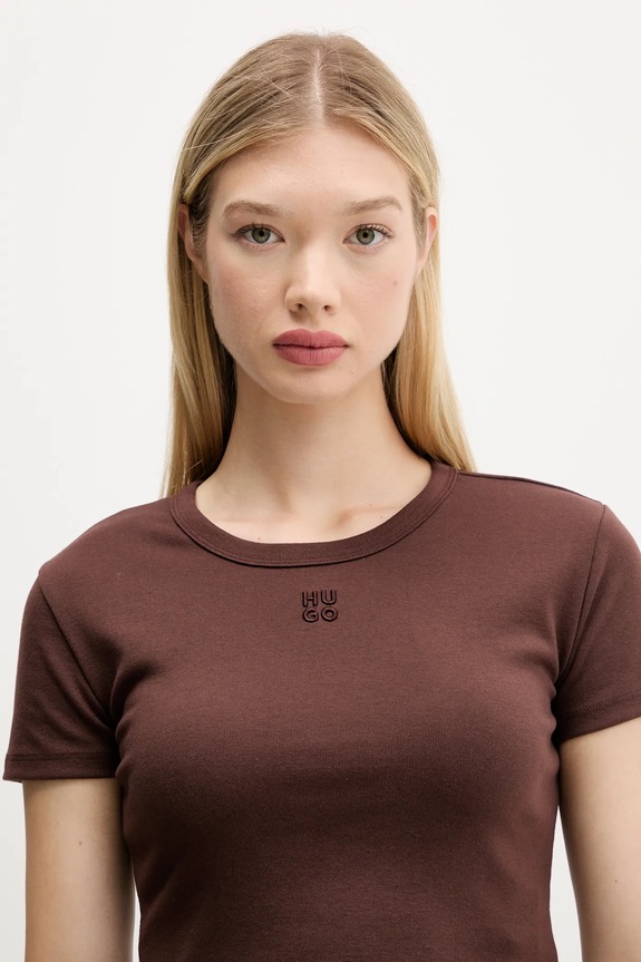 HUGO crop top ženska z bombažem Delanor rjava 50512000