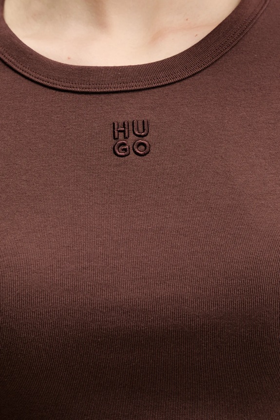 HUGO crop top ženska z bombažem Delanor 50512000 rjava