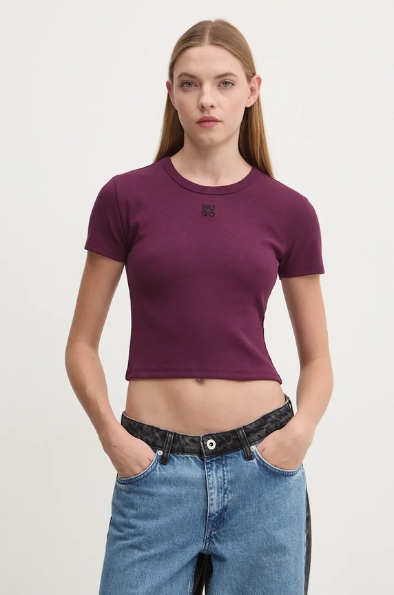 HUGO crop top damă din bumbac Delanor burgundia 50512000