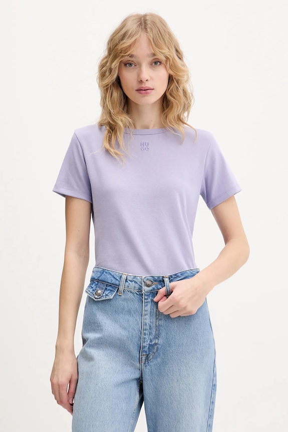 HUGO T-shirt damski z bawełną Deloris fioletowy 50512002