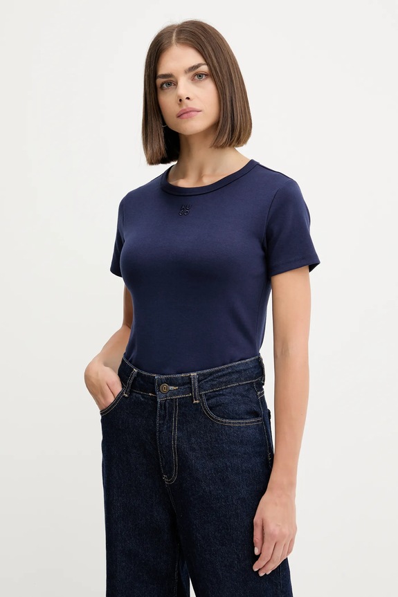 HUGO kratka majica ženska z bombažem Deloris Brez vzorca mornarsko modra 50512002