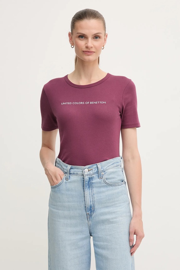 Bavlnené tričko United Colors of Benetton potlač fialová 3GA2E16A2