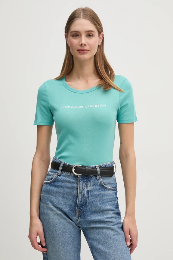 Bavlněné tričko United Colors of Benetton potisk tyrkysová 3GA2E16A2