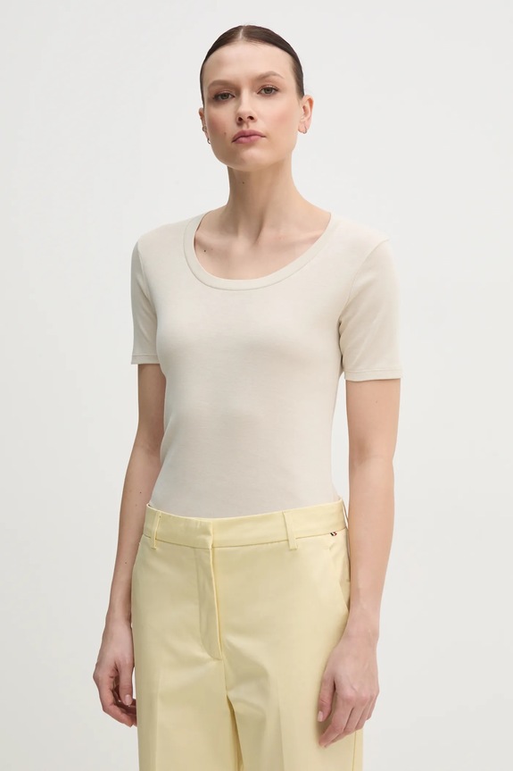 Памучна тениска United Colors of Benetton вталена бежов 3GA2D1066