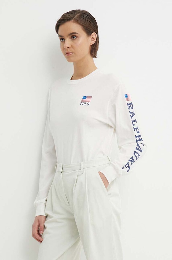 Памучна блуза с дълги ръкави Polo Ralph Lauren бежов 211935596