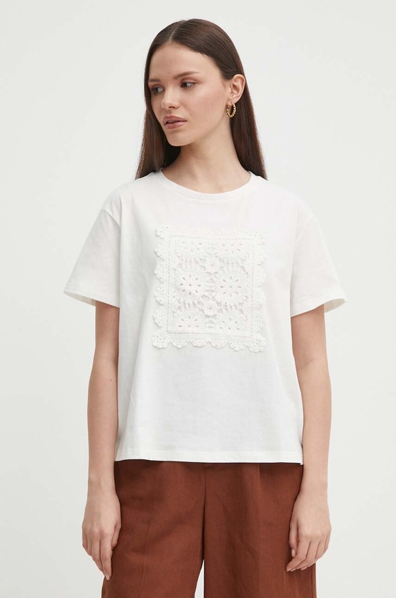 Sisley t-shirt bawełniany regular beżowy 3UNZL105J