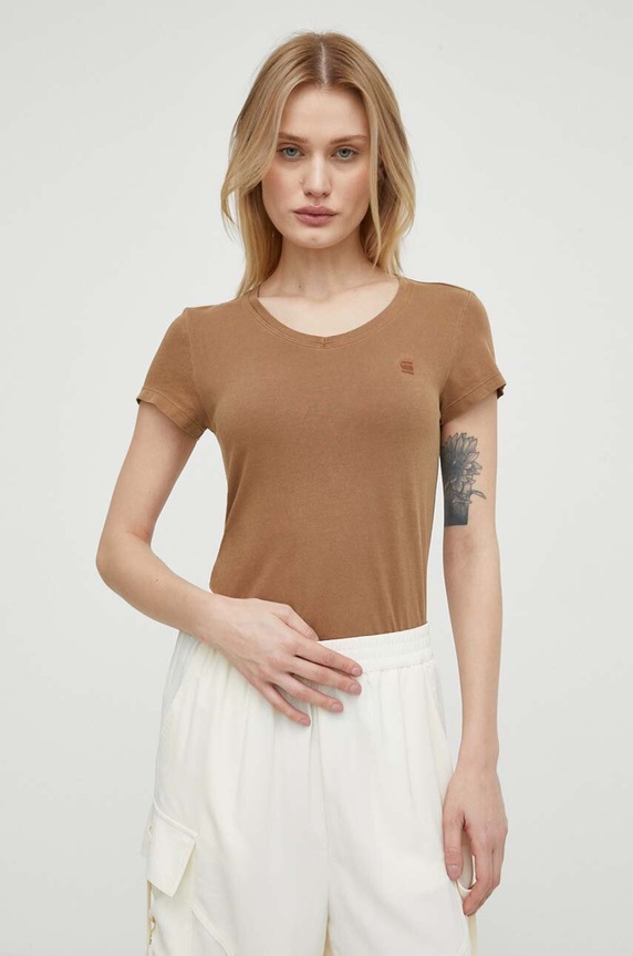 G-Star T-shirt damski bawełniany Overdyed eyben slim v t 2.0 bawełna brązowy D24533.B059