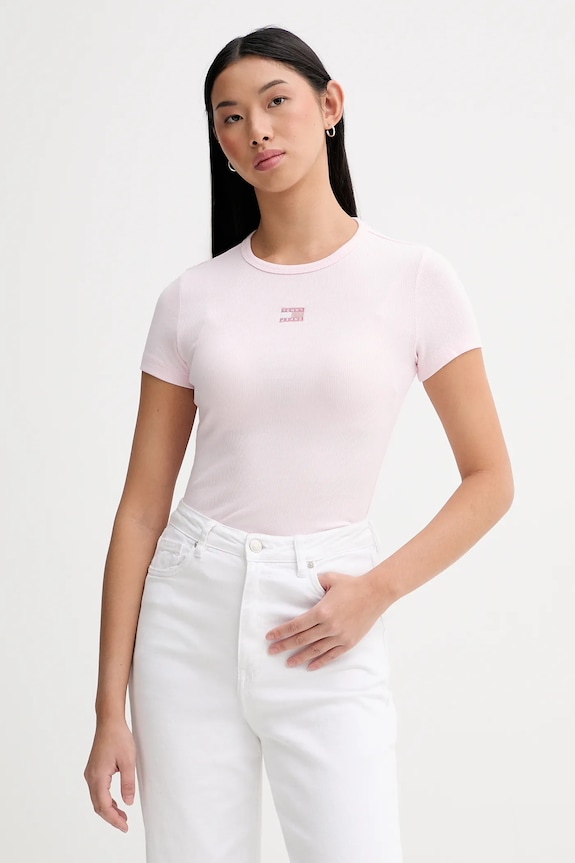 Tommy Jeans t-shirt damski bawełniany z elastanem aplikacja różowy DW0DW17881